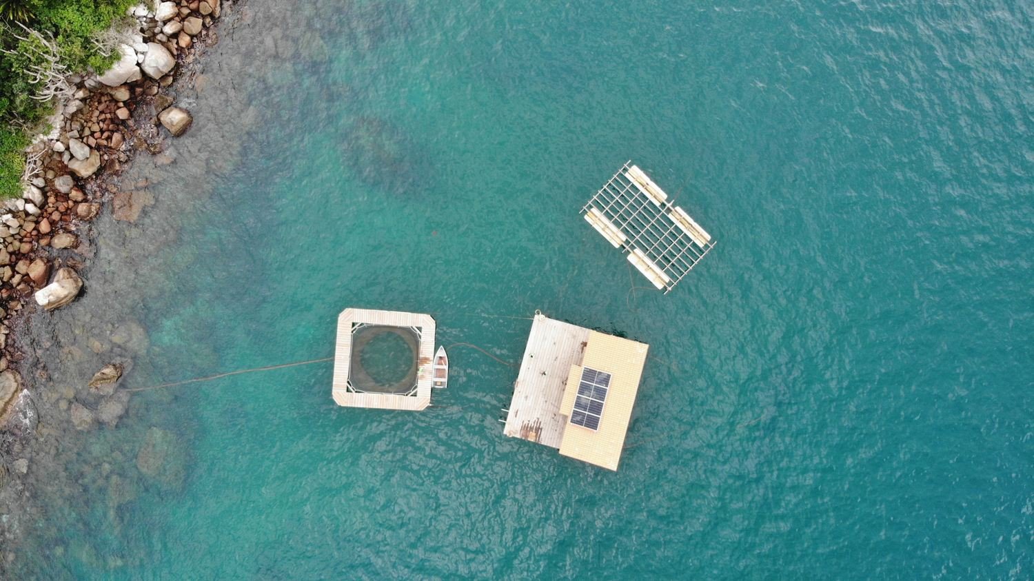 Vista aérea das estruturas da fazenda marinha da Lagos em Ação